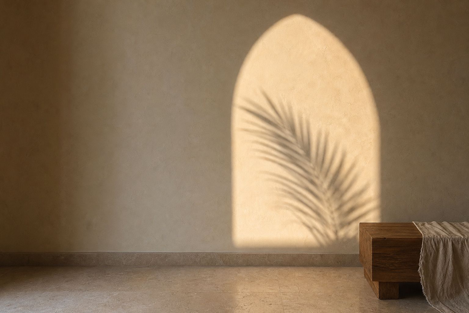 Illustrative image: late sun drawing an arch of light and a palm shadow on a limestone wall