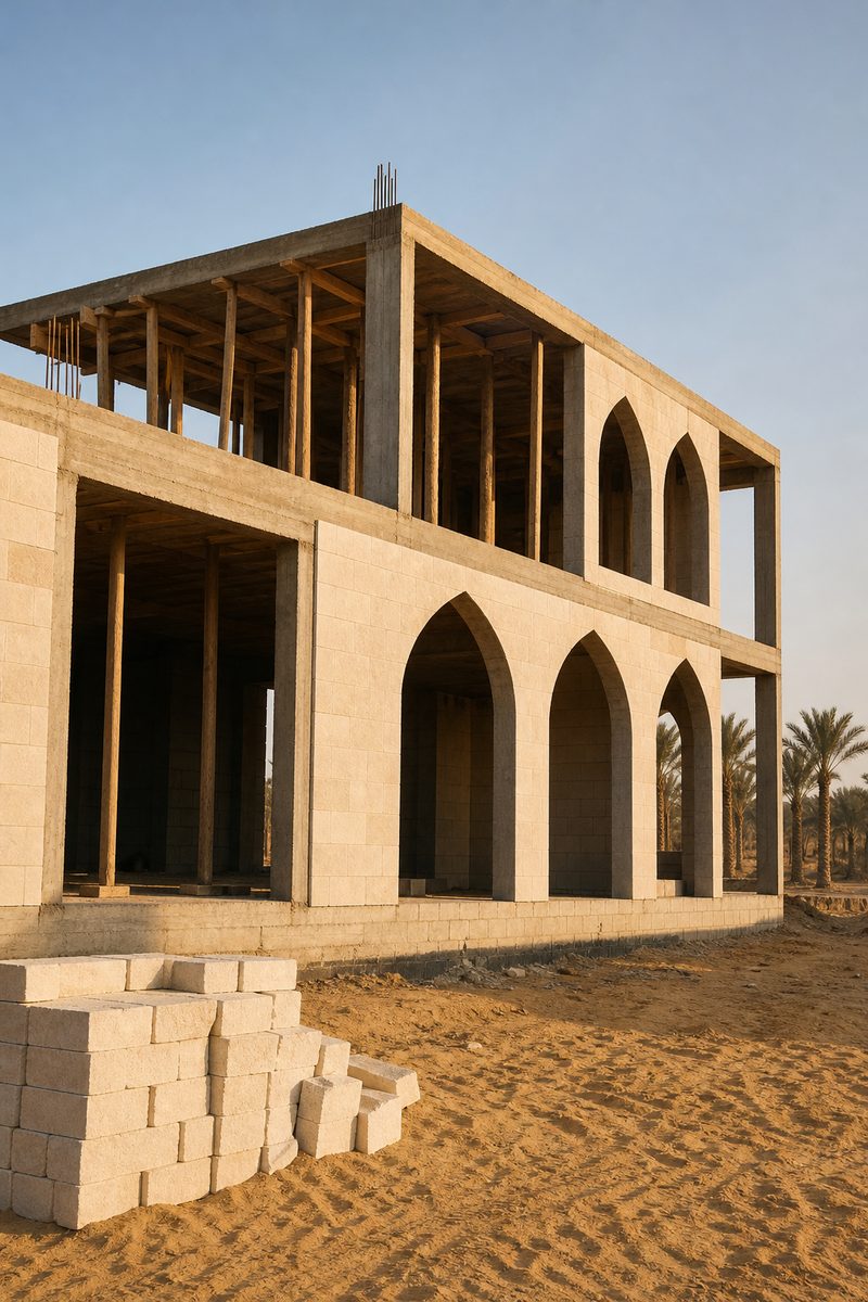 Illustrative image: a new villa still being built, with pale stone blocks in the sand