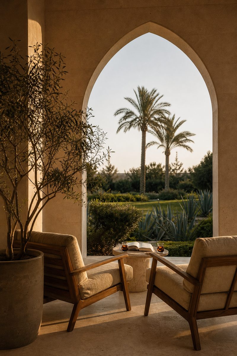 Illustrative image: a lived-in loggia with two chairs, tea and a garden beyond the arch